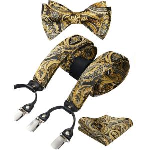 imageHISDERN Suspenders for Men Paisley Floral Self Tied Bow Tie and Suspender Pocket Square Sets Adjustable Wedding Braces1gold  Brown