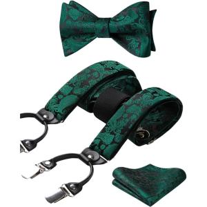 imageHISDERN Suspenders for Men Paisley Floral Self Tied Bow Tie and Suspender Pocket Square Sets Adjustable Wedding Braces1green  Black