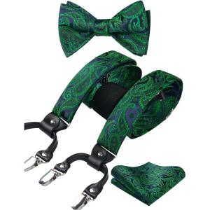 imageHISDERN Suspenders for Men Paisley Floral Self Tied Bow Tie and Suspender Pocket Square Sets Adjustable Wedding Braces1green  Navy Blue 02