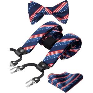 imageHISDERN Suspenders for Men Paisley Floral Self Tied Bow Tie and Suspender Pocket Square Sets Adjustable Wedding Braces1navy  Flag