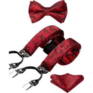 imageHISDERN Suspenders for Men Paisley Floral Self Tied Bow Tie and Suspender Pocket Square Sets Adjustable Wedding Braces2red  Black 01