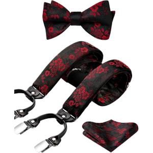 imageHISDERN Suspenders for Men Paisley Floral Self Tied Bow Tie and Suspender Pocket Square Sets Adjustable Wedding Braces5red  Black 03