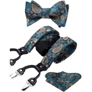 imageHISDERN Suspenders for Men Paisley Floral Self Tied Bow Tie and Suspender Pocket Square Sets Adjustable Wedding Braces7green  Aqua  Brown
