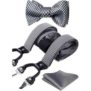 imageHISDERN Suspenders for Men Paisley Floral Self Tied Bow Tie and Suspender Pocket Square Sets Adjustable Wedding Braces9black  White