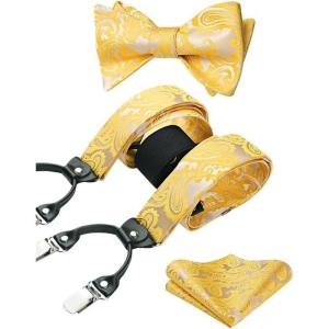 imageHISDERN Suspenders for Men Paisley Floral Self Tied Bow Tie and Suspender Pocket Square Sets Adjustable Wedding Braces9yellow  Paisley