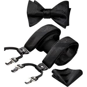 imageHISDERN Suspenders for Men Paisley Floral Self Tied Bow Tie and Suspender Pocket Square Sets Adjustable Wedding BracesA1black