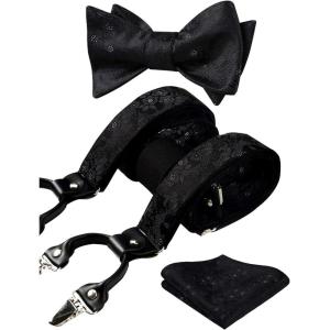 imageHISDERN Suspenders for Men Paisley Floral Self Tied Bow Tie and Suspender Pocket Square Sets Adjustable Wedding BracesA2black