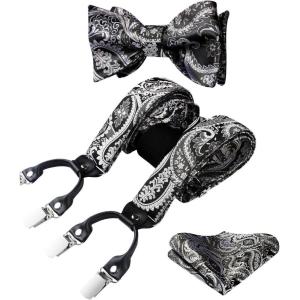 imageHISDERN Suspenders for Men Paisley Floral Self Tied Bow Tie and Suspender Pocket Square Sets Adjustable Wedding BracesGray  Black