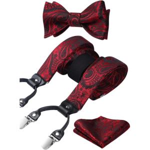 imageHISDERN Suspenders for Men Paisley Floral Self Tied Bow Tie and Suspender Pocket Square Sets Adjustable Wedding BracesRed  Black 02