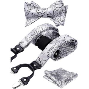 imageHISDERN Suspenders for Men Paisley Floral Self Tied Bow Tie and Suspender Pocket Square Sets Adjustable Wedding BracesSilver  Black