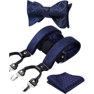 imageHISDERN Bow tie and Suspenders for Men Plaid Suspender Self Bowtie Pocket Square Adjustable Y Shape Mens Trouser Braces02plaid  Navy Blue