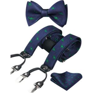 imageHISDERN Bow tie and Suspenders for Men Plaid Suspender Self Bowtie Pocket Square Adjustable Y Shape Mens Trouser Braces03dinasour  Navy Blue