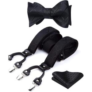 imageHISDERN Bow tie and Suspenders for Men Plaid Suspender Self Bowtie Pocket Square Adjustable Y Shape Mens Trouser Braces03plaid  Black