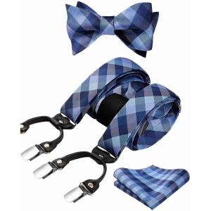 imageHISDERN Bow tie and Suspenders for Men Plaid Suspender Self Bowtie Pocket Square Adjustable Y Shape Mens Trouser Braces03plaid  Blue