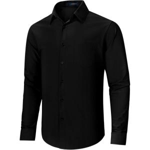 imageHISDERN Mens Stretch Wrinkle Free Dress Shirts Long Sleeve Non Iron Business Button Down Formal Shirt for Work Wedding PromBblack