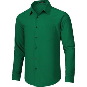 imageHISDERN Mens Stretch Wrinkle Free Dress Shirts Long Sleeve Non Iron Business Button Down Formal Shirt for Work Wedding PromGgreen