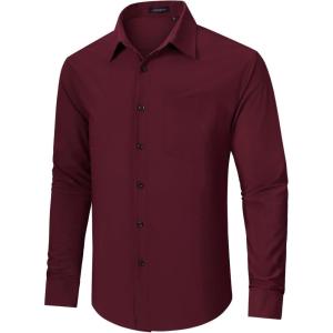 imageHISDERN Mens Stretch Wrinkle Free Dress Shirts Long Sleeve Non Iron Business Button Down Formal Shirt for Work Wedding PromRburgundy