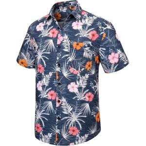 imageHawaiian Shirt for Men Short Sleeve Button Down Shirt Men Casual Summer Tropical Beach Aloha Shirts for Men Hawaii PartyA4navy Floral