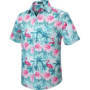 imageHawaiian Shirt for Men Short Sleeve Button Down Shirt Men Casual Summer Tropical Beach Aloha Shirts for Men Hawaii PartyA5aqua Flamingo