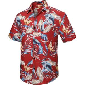 imageHawaiian Shirt for Men Short Sleeve Button Down Shirt Men Casual Summer Tropical Beach Aloha Shirts for Men Hawaii PartyA6red Leaf