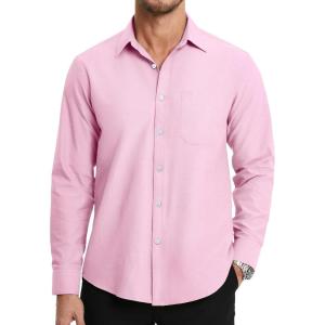 imageHISDERN Oxford 112 Mens Long Sleeve Oxford Dress Shirt Button Down Collar Breathable Business Casual for Work Formal WearE02pink