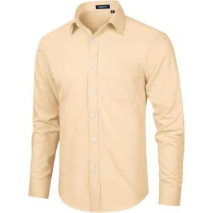 imageHISDERN 101C Mens Dress Shirts Long Sleeve Easy Care Quick Dry Breathable Regular Fit Formal Business Casual S4XLChampagne