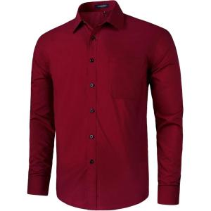 imageHISDERN 101C Mens Dress Shirts Long Sleeve Easy Care Quick Dry Breathable Regular Fit Formal Business Casual S4XLDark Red