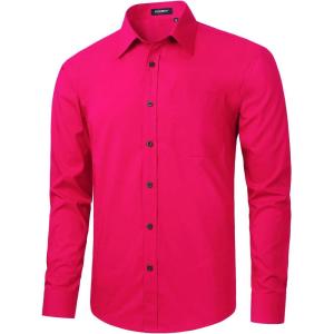 imageHISDERN 101C Mens Dress Shirts Long Sleeve Easy Care Quick Dry Breathable Regular Fit Formal Business Casual S4XLHot Pink
