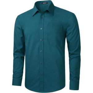 imageHISDERN 101C Mens Dress Shirts Long Sleeve Easy Care Quick Dry Breathable Regular Fit Formal Business Casual S4XLTeal