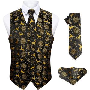 imageHISDERN Mens Christmas Suit Vest Funny Holiday Dress Vests Tie and Pocket Square Set for Men Xmas Festival PartyBlack Reindeer