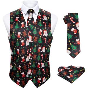 imageHISDERN Mens Christmas Suit Vest Funny Holiday Dress Vests Tie and Pocket Square Set for Men Xmas Festival PartyBlack Santa