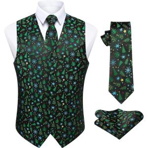 imageHISDERN Mens Christmas Suit Vest Funny Holiday Dress Vests Tie and Pocket Square Set for Men Xmas Festival PartyGreen Christmas Tree
