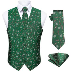 imageHISDERN Mens Christmas Suit Vest Funny Holiday Dress Vests Tie and Pocket Square Set for Men Xmas Festival PartyGreen Snowflake