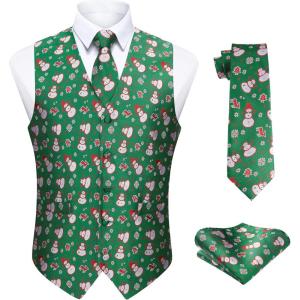 imageHISDERN Mens Christmas Suit Vest Funny Holiday Dress Vests Tie and Pocket Square Set for Men Xmas Festival PartyGreen Snowman
