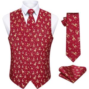 imageHISDERN Mens Christmas Suit Vest Funny Holiday Dress Vests Tie and Pocket Square Set for Men Xmas Festival PartyRed Reindeer