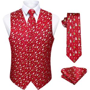imageHISDERN Mens Christmas Suit Vest Funny Holiday Dress Vests Tie and Pocket Square Set for Men Xmas Festival PartyRed Snowman