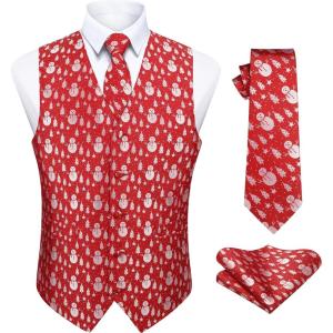 imageHISDERN Mens Christmas Suit Vest Funny Holiday Dress Vests Tie and Pocket Square Set for Men Xmas Festival PartyRed Snowman Tree