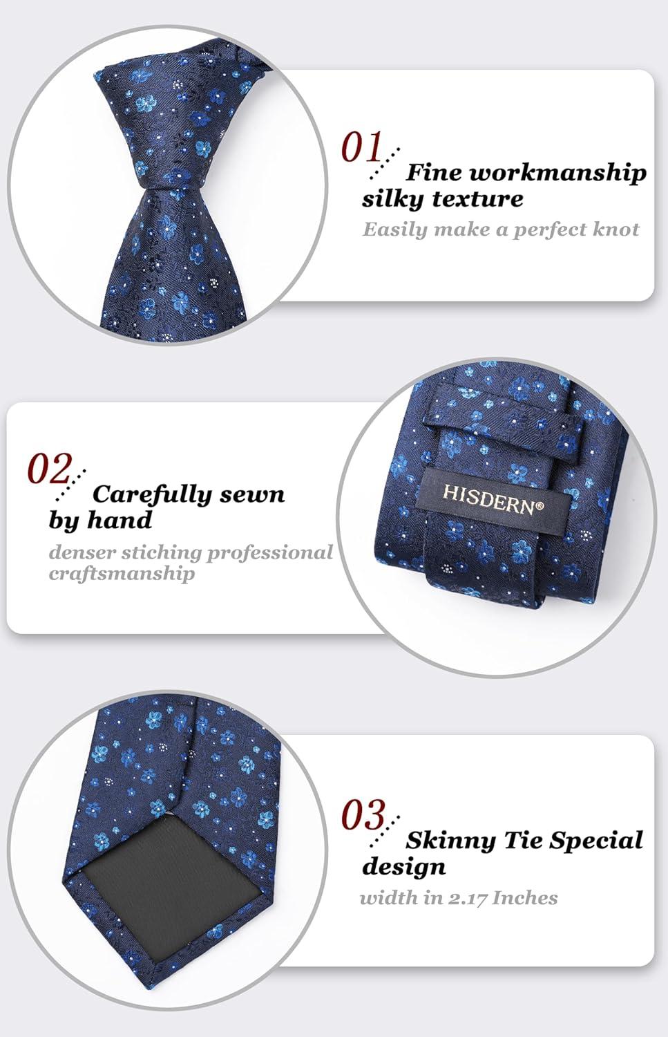 imageHISDERN Men Floral Ties Woven Classic 34quot Necktie Set Formal Tie Pocket Square for Wedding with Handkerchief Gift BoxNavy Blue Floral