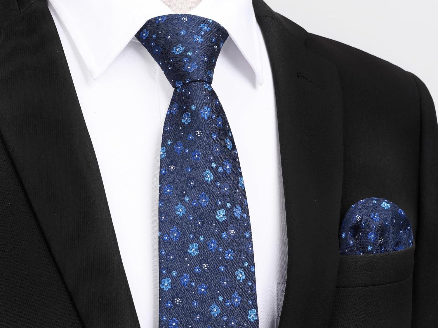imageHISDERN Men Floral Ties Woven Classic 34quot Necktie Set Formal Tie Pocket Square for Wedding with Handkerchief Gift BoxNavy Blue Floral
