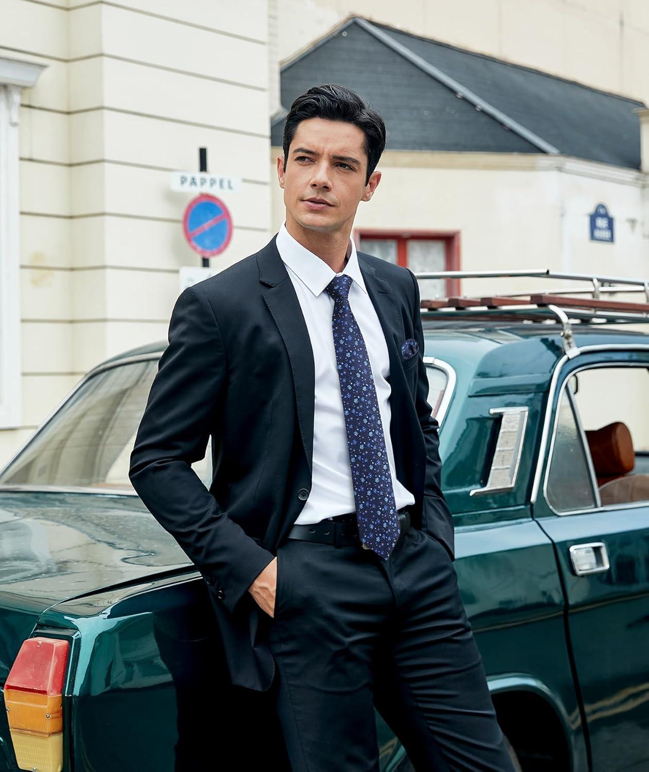 imageHISDERN Men Floral Ties Woven Classic 34quot Necktie Set Formal Tie Pocket Square for Wedding with Handkerchief Gift BoxNavy Blue Floral