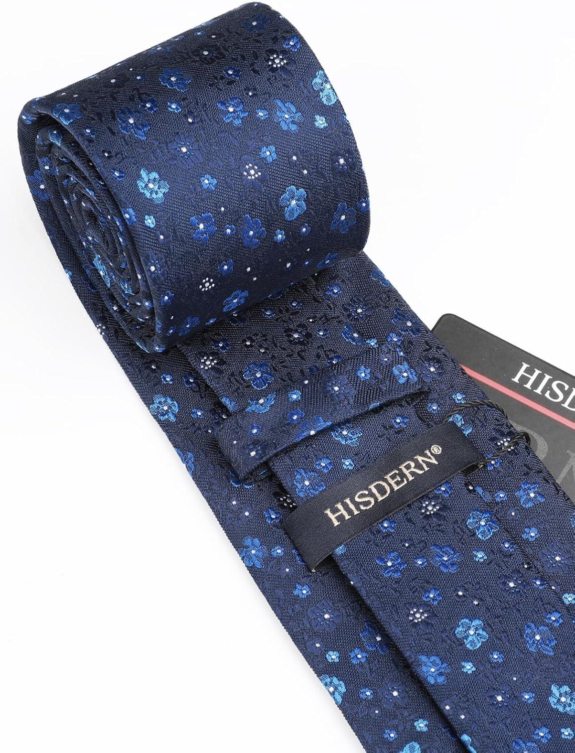 imageHISDERN Men Floral Ties Woven Classic 34quot Necktie Set Formal Tie Pocket Square for Wedding with Handkerchief Gift BoxNavy Blue Floral