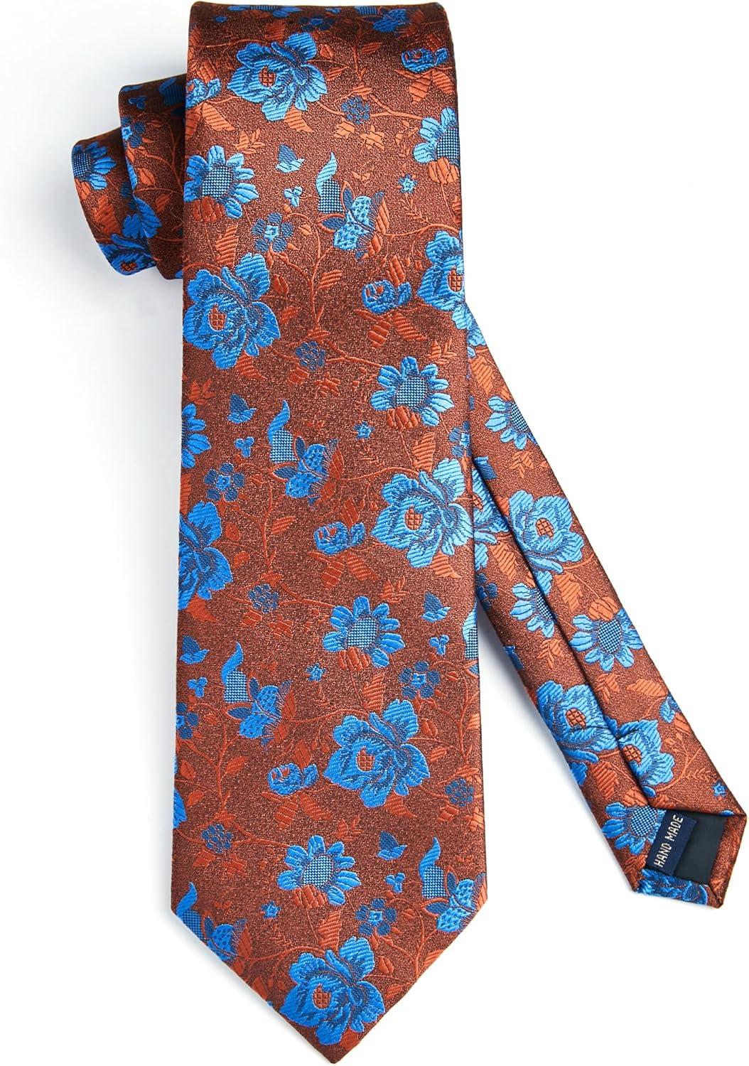 imageHISDERN Men Floral Ties Woven Classic 34quot Necktie Set Formal Tie Pocket Square for Wedding with Handkerchief Gift BoxOrange Blue Flower