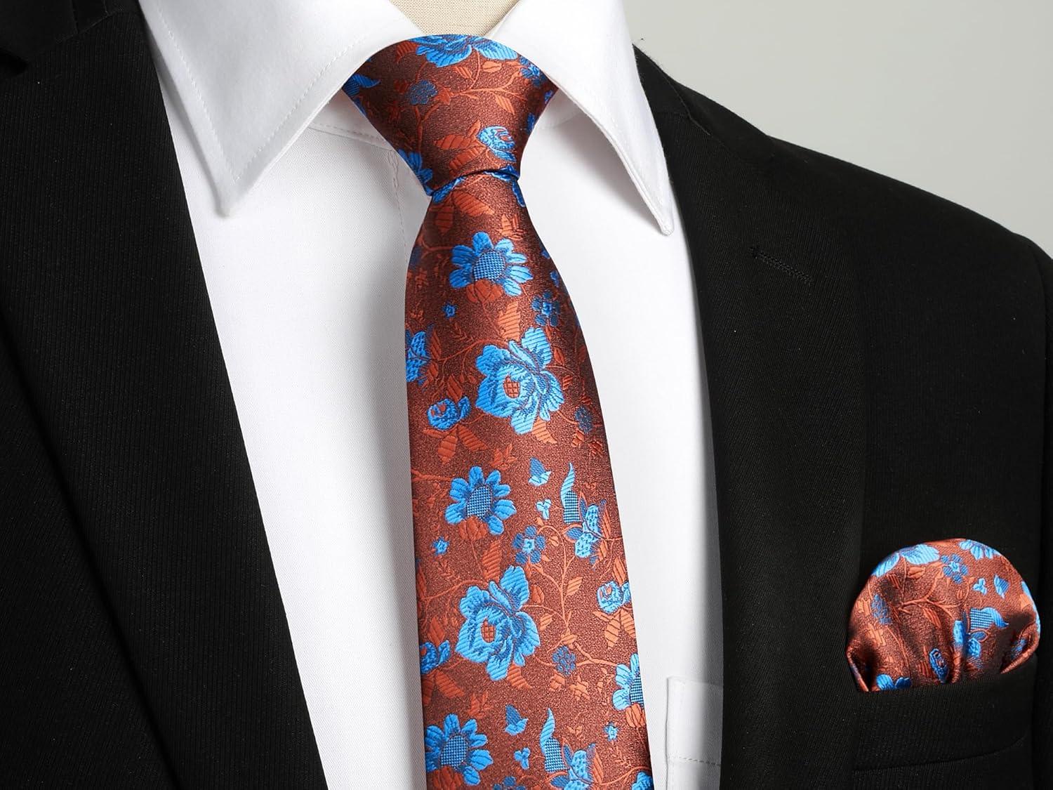 imageHISDERN Men Floral Ties Woven Classic 34quot Necktie Set Formal Tie Pocket Square for Wedding with Handkerchief Gift BoxOrange Blue Flower