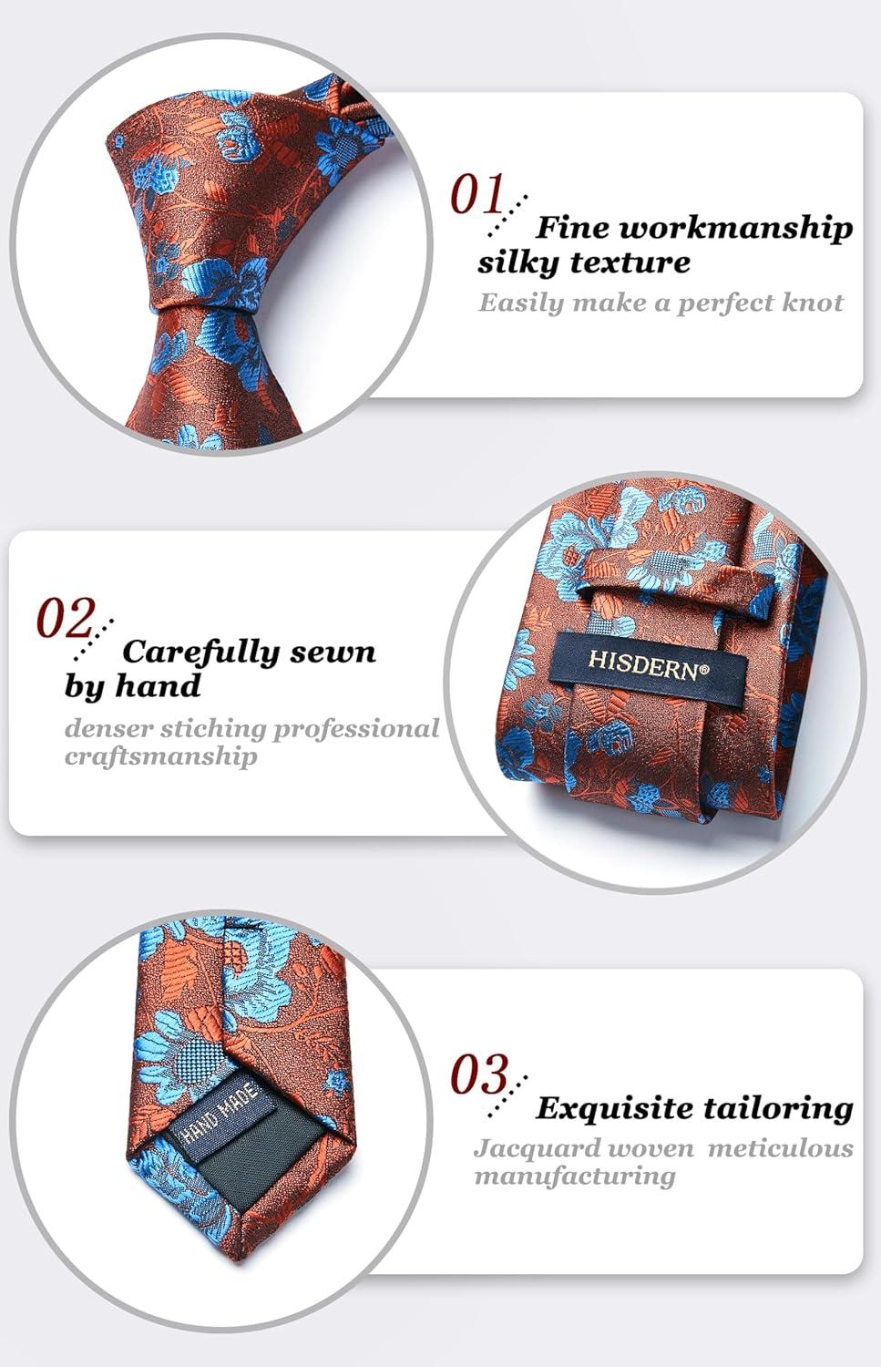 imageHISDERN Men Floral Ties Woven Classic 34quot Necktie Set Formal Tie Pocket Square for Wedding with Handkerchief Gift BoxOrange Blue Flower