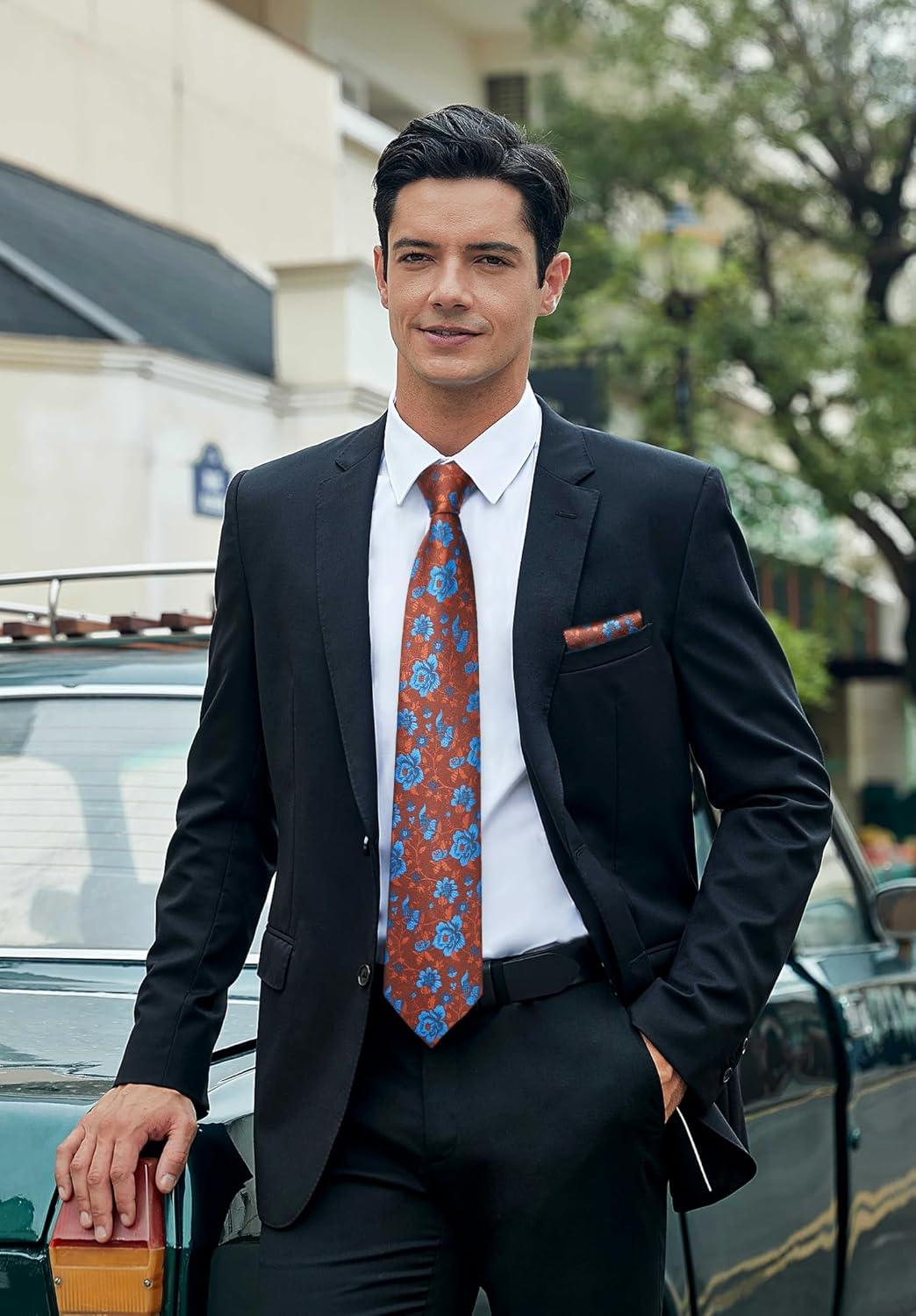 imageHISDERN Men Floral Ties Woven Classic 34quot Necktie Set Formal Tie Pocket Square for Wedding with Handkerchief Gift BoxOrange Blue Flower