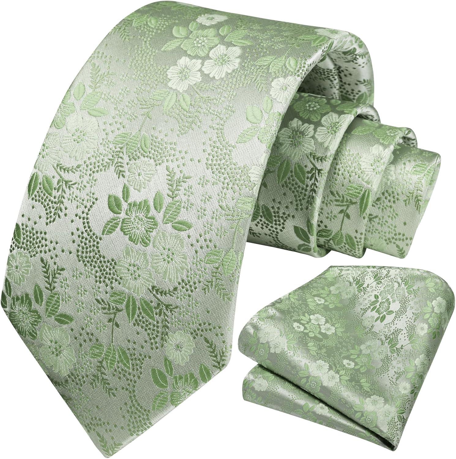 imageHISDERN Men Floral Ties Woven Classic 34quot Necktie Set Formal Tie Pocket Square for Wedding with Handkerchief Gift BoxSage Green Floral11