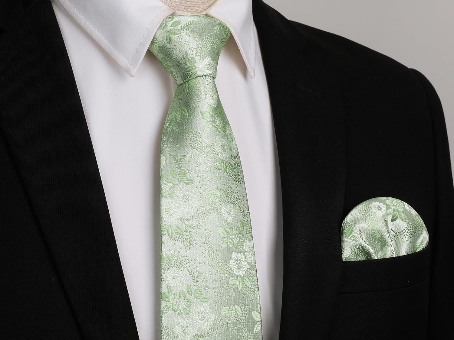 imageHISDERN Men Floral Ties Woven Classic 34quot Necktie Set Formal Tie Pocket Square for Wedding with Handkerchief Gift BoxSage Green Floral11