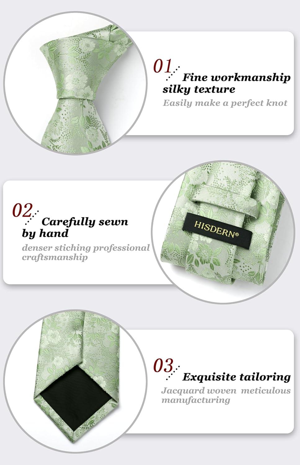 imageHISDERN Men Floral Ties Woven Classic 34quot Necktie Set Formal Tie Pocket Square for Wedding with Handkerchief Gift BoxSage Green Floral11