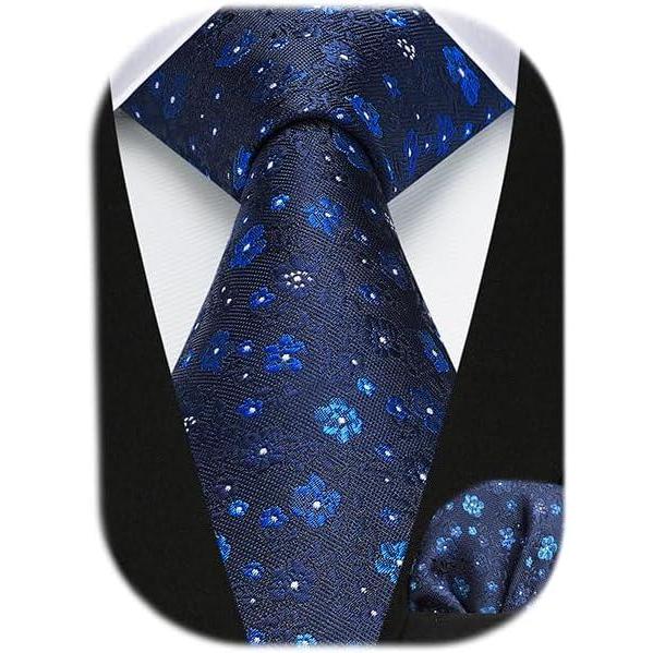 imageHISDERN Men Floral Ties Woven Classic 34quot Necktie Set Formal Tie Pocket Square for Wedding with Handkerchief Gift BoxNavy Blue Floral