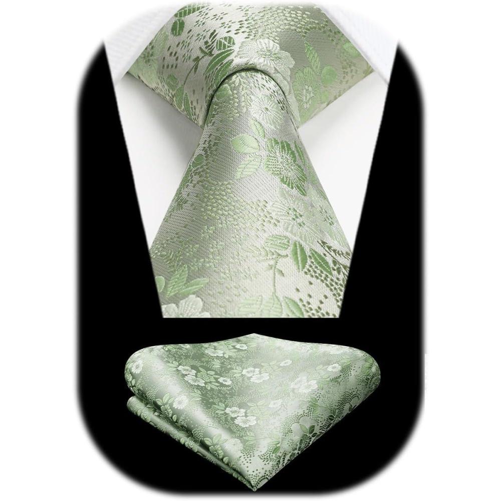 imageHISDERN Men Floral Ties Woven Classic 34quot Necktie Set Formal Tie Pocket Square for Wedding with Handkerchief Gift BoxSage Green Floral11